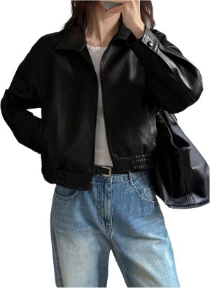 Oversized Faux Leather Zip-Up Bomber Jacket