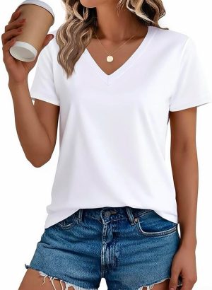 Cotton V-Neck Tops Summer Casual Short Sleeve Tshirts