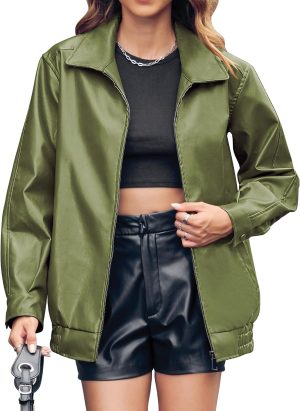 Oversized Casual Faux Leather Bomber Jacket