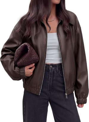Oversized Faux Leather Zip-Up Bomber Jacket