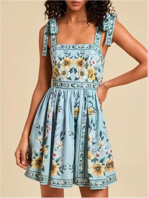 Tropical Floral Tie-Waist Vacation Mini Dress