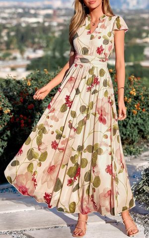 Floral V-Neck Flutter-Sleeve Maxi Dress